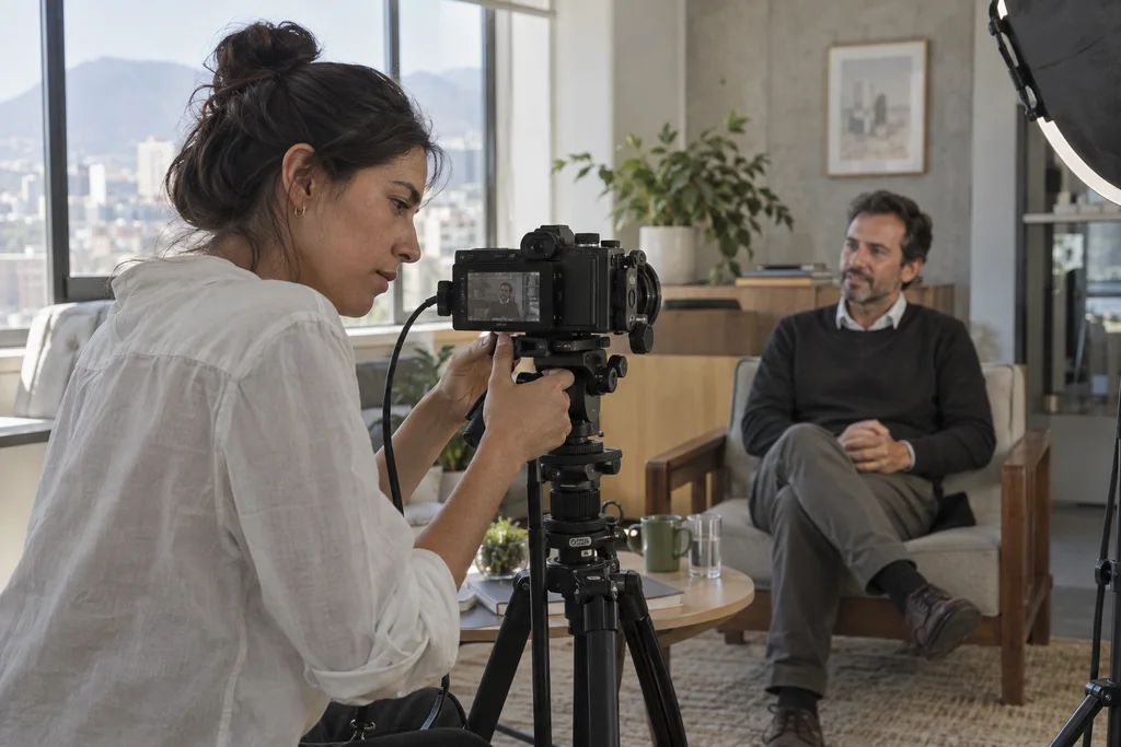Una realizadora prepara una cámara para una entrevista