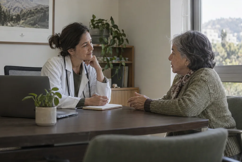 Una profesional de salud escucha a una paciente en una consulta