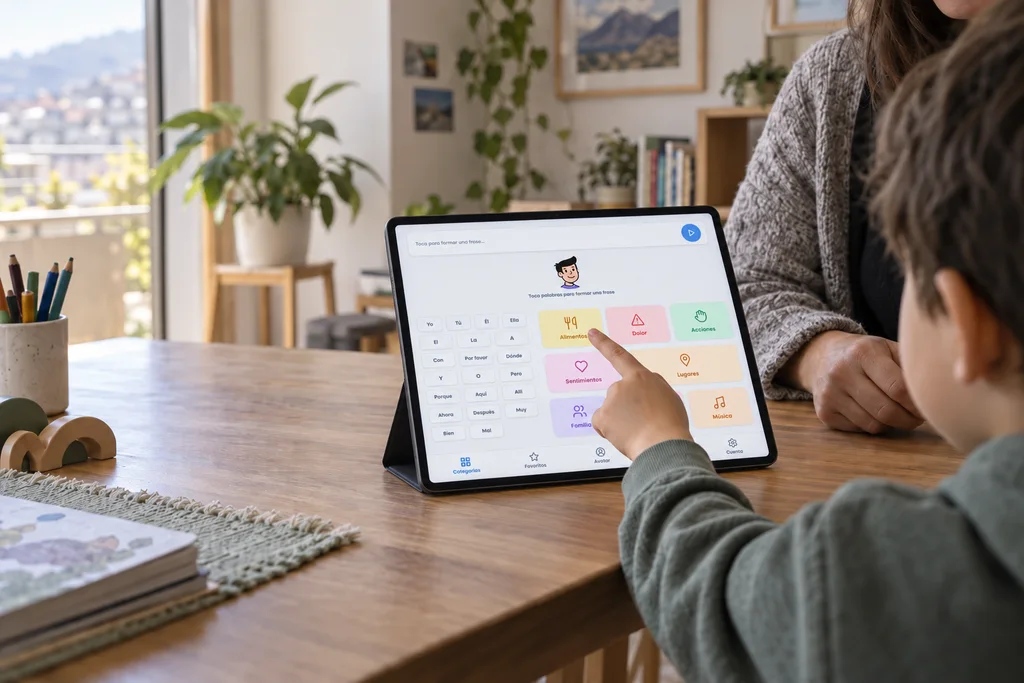 Un niño selecciona un pictograma en una tablet de comunicación junto a un adulto