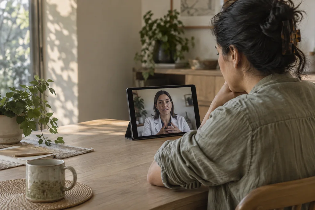Una persona participa en una consulta de salud desde una tablet en su hogar