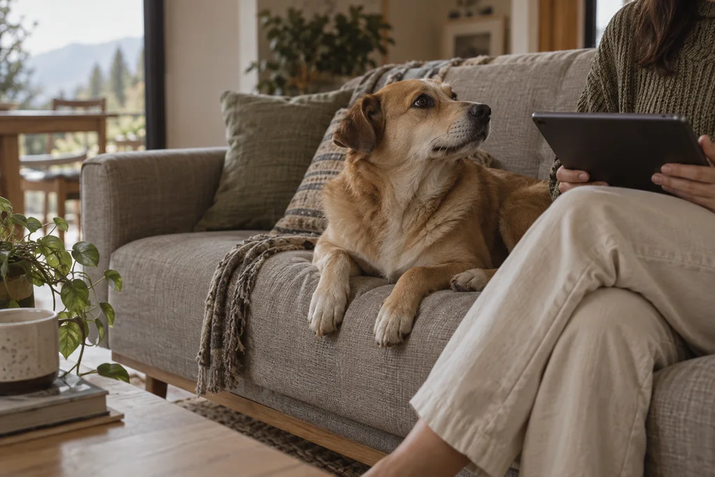 Un perro junto a su persona mientras utiliza una tablet
